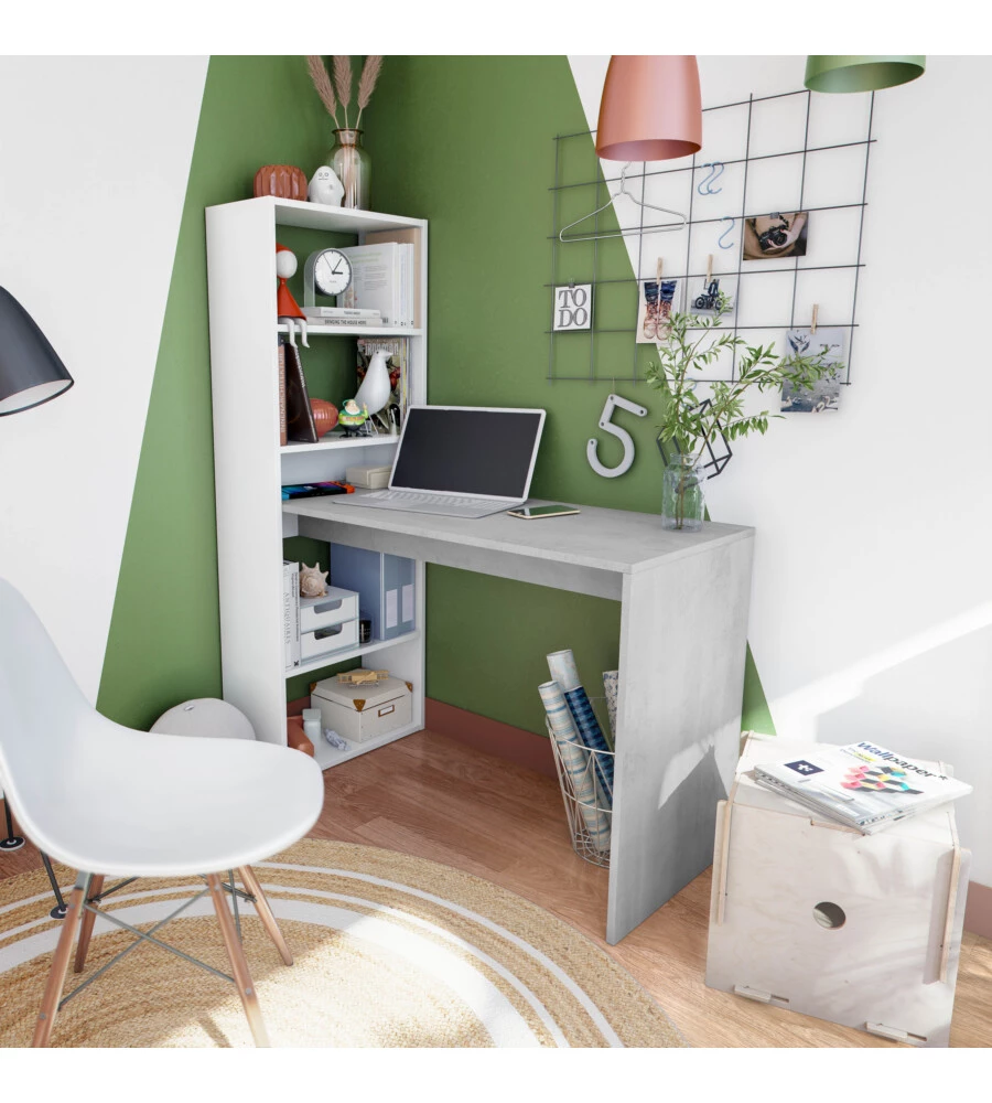 SCRIVANIA BELLAHOME "DUPLO" CON LIBRERIA REVERSIBILE COLORE BIANCO E CEMENTO, 120X53X144 CM